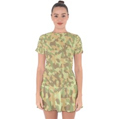 Light Green Brown Yellow Camouflage Pattern Drop Hem Mini Chiffon Dress by SpinnyChairDesigns