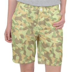 Light Green Brown Yellow Camouflage Pattern Pocket Shorts by SpinnyChairDesigns