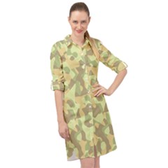 Light Green Brown Yellow Camouflage Pattern Long Sleeve Mini Shirt Dress by SpinnyChairDesigns