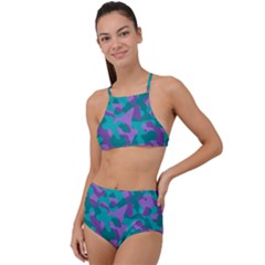 Purple And Teal Camouflage Pattern High Waist Tankini Set by SpinnyChairDesigns