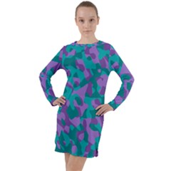 Purple And Teal Camouflage Pattern Long Sleeve Hoodie Dress by SpinnyChairDesigns