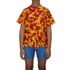 Red And Yellow Camouflage Pattern Kids  Short Sleeve Swimwear by SpinnyChairDesigns