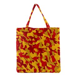 Red And Yellow Camouflage Pattern Grocery Tote Bag by SpinnyChairDesigns