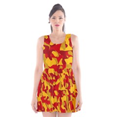 Red And Yellow Camouflage Pattern Scoop Neck Skater Dress