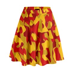 Red And Yellow Camouflage Pattern High Waist Skirt by SpinnyChairDesigns