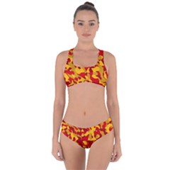 Red And Yellow Camouflage Pattern Criss Cross Bikini Set by SpinnyChairDesigns