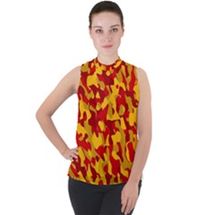 Red And Yellow Camouflage Pattern Mock Neck Chiffon Sleeveless Top by SpinnyChairDesigns