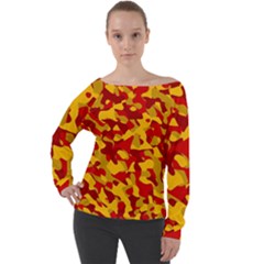 Red And Yellow Camouflage Pattern Off Shoulder Long Sleeve Velour Top by SpinnyChairDesigns