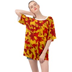 Red And Yellow Camouflage Pattern Oversized Chiffon Top by SpinnyChairDesigns