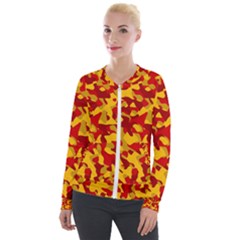 Red And Yellow Camouflage Pattern Velour Zip Up Jacket by SpinnyChairDesigns