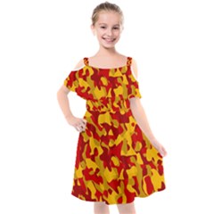 Red And Yellow Camouflage Pattern Kids  Cut Out Shoulders Chiffon Dress by SpinnyChairDesigns