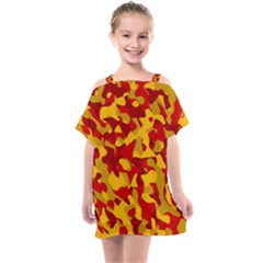 Red And Yellow Camouflage Pattern Kids  One Piece Chiffon Dress by SpinnyChairDesigns