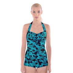 Black And Teal Camouflage Pattern Boyleg Halter Swimsuit  by SpinnyChairDesigns