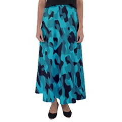 Black And Teal Camouflage Pattern Flared Maxi Skirt by SpinnyChairDesigns