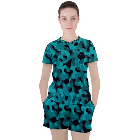 Black And Teal Camouflage Pattern Women s Tee And Shorts Set by SpinnyChairDesigns