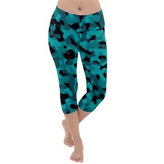 Black And Teal Camouflage Pattern Lightweight Velour Capri Yoga Leggings by SpinnyChairDesigns