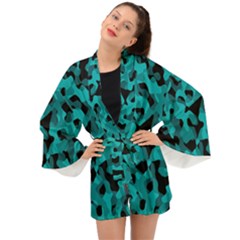 Black And Teal Camouflage Pattern Long Sleeve Kimono by SpinnyChairDesigns