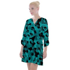 Black And Teal Camouflage Pattern Open Neck Shift Dress by SpinnyChairDesigns