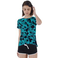 Black And Teal Camouflage Pattern Short Sleeve Foldover Tee by SpinnyChairDesigns