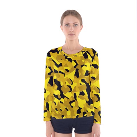 Black And Yellow Camouflage Pattern Women s Long Sleeve Tee by SpinnyChairDesigns