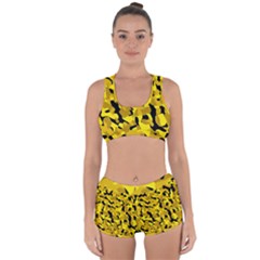 Black And Yellow Camouflage Pattern Racerback Boyleg Bikini Set by SpinnyChairDesigns