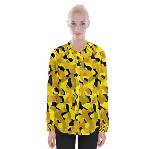 Black And Yellow Camouflage Pattern Womens Long Sleeve Shirt by SpinnyChairDesigns