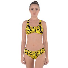 Black And Yellow Camouflage Pattern Criss Cross Bikini Set by SpinnyChairDesigns