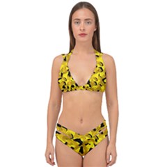 Black And Yellow Camouflage Pattern Double Strap Halter Bikini Set by SpinnyChairDesigns