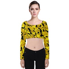 Black And Yellow Camouflage Pattern Velvet Long Sleeve Crop Top by SpinnyChairDesigns