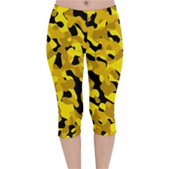 Black And Yellow Camouflage Pattern Velvet Capri Leggings  by SpinnyChairDesigns