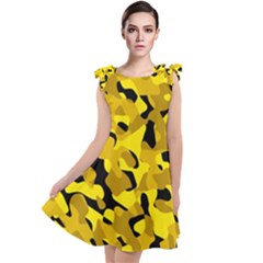 Black And Yellow Camouflage Pattern Tie Up Tunic Dress