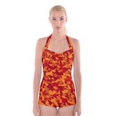 Red And Orange Camouflage Pattern Boyleg Halter Swimsuit  by SpinnyChairDesigns
