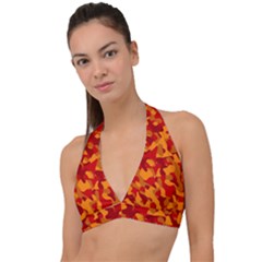 Red And Orange Camouflage Pattern Halter Plunge Bikini Top by SpinnyChairDesigns