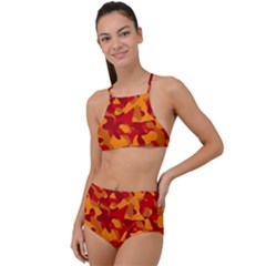 Red And Orange Camouflage Pattern High Waist Tankini Set by SpinnyChairDesigns