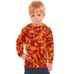 Red And Orange Camouflage Pattern Kids  Hooded Pullover by SpinnyChairDesigns