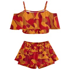 Red And Orange Camouflage Pattern Kids  Off Shoulder Skirt Bikini by SpinnyChairDesigns