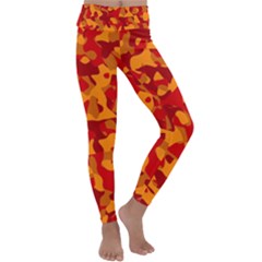 Red And Orange Camouflage Pattern Kids  Lightweight Velour Classic Yoga Leggings by SpinnyChairDesigns