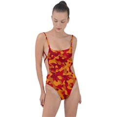 Red And Orange Camouflage Pattern Tie Strap One Piece Swimsuit by SpinnyChairDesigns