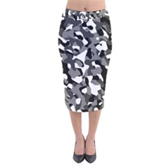 Black And White Camouflage Pattern Velvet Midi Pencil Skirt by SpinnyChairDesigns