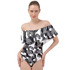 Black And White Camouflage Pattern Off Shoulder Velour Bodysuit  by SpinnyChairDesigns