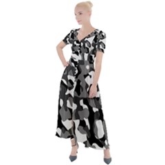 Black And White Camouflage Pattern Button Up Short Sleeve Maxi Dress by SpinnyChairDesigns