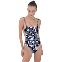 Black And White Camouflage Pattern Tie Strap One Piece Swimsuit by SpinnyChairDesigns