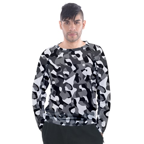 Black And White Camouflage Pattern Men s Long Sleeve Raglan Tee by SpinnyChairDesigns