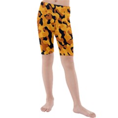 Orange And Black Camouflage Pattern Kids  Mid Length Swim Shorts by SpinnyChairDesigns