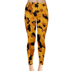 Orange And Black Camouflage Pattern Inside Out Leggings by SpinnyChairDesigns