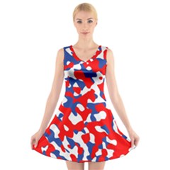 Red White Blue Camouflage Pattern V-neck Sleeveless Dress