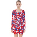 Red White Blue Camouflage Pattern V-neck Bodycon Long Sleeve Dress View1