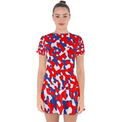 Red White Blue Camouflage Pattern Drop Hem Mini Chiffon Dress by SpinnyChairDesigns