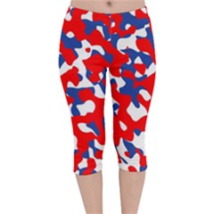Red White Blue Camouflage Pattern Velvet Capri Leggings  by SpinnyChairDesigns
