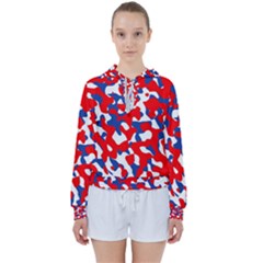 Red White Blue Camouflage Pattern Women s Tie Up Sweat by SpinnyChairDesigns